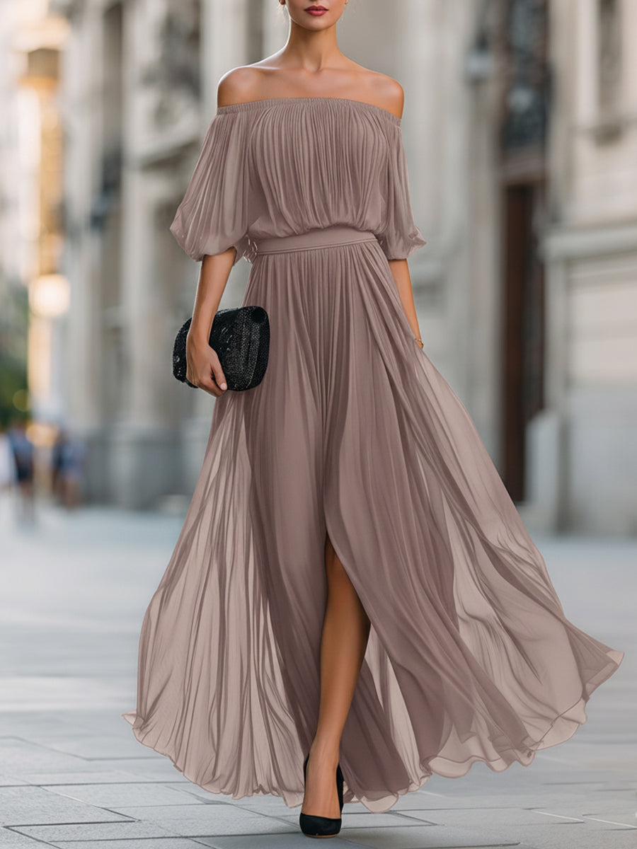 Floriane | Off-Shoulder Pleated Chiffon Maxi Evening Dress
