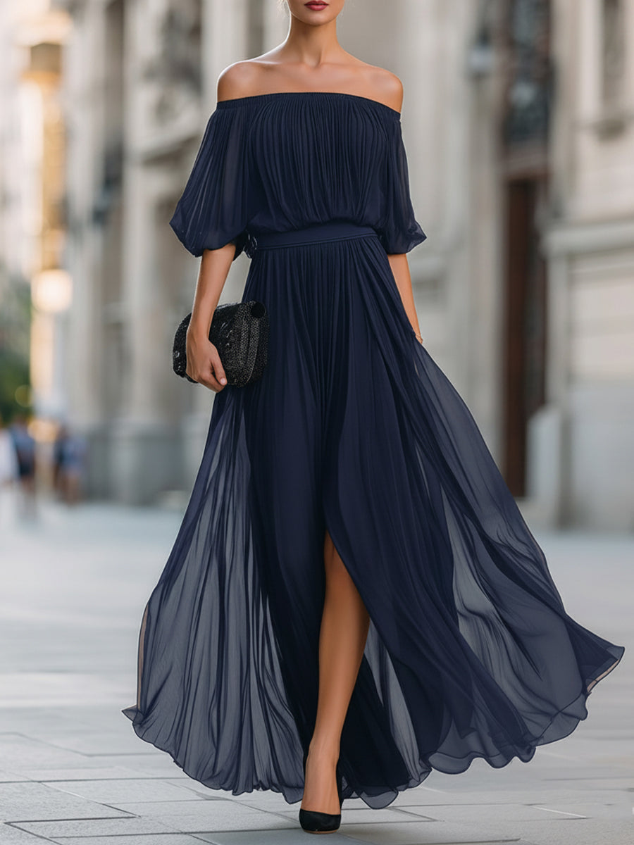 Floriane | Off-Shoulder Pleated Chiffon Maxi Evening Dress