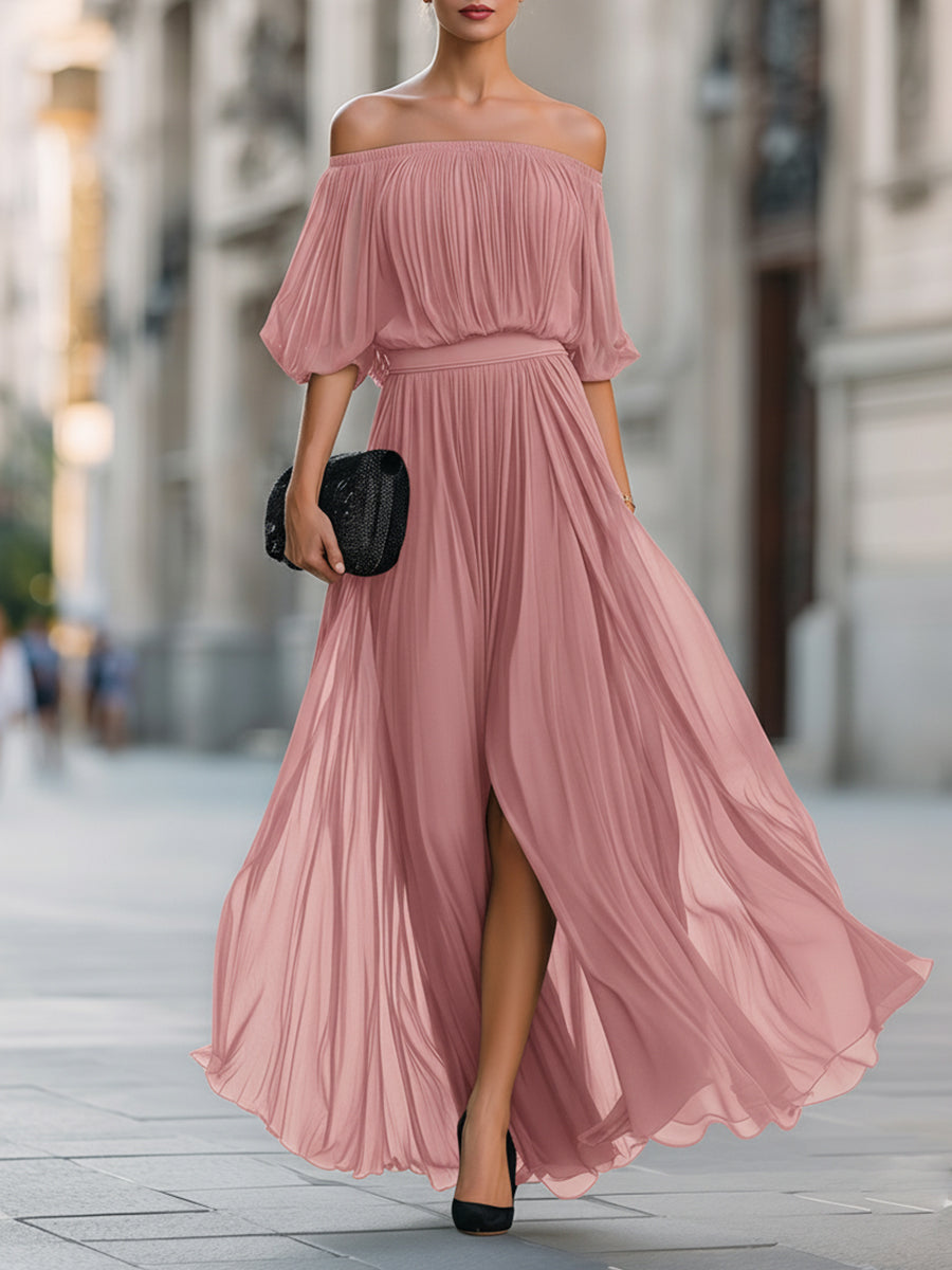 Floriane | Off-Shoulder Pleated Chiffon Maxi Evening Dress