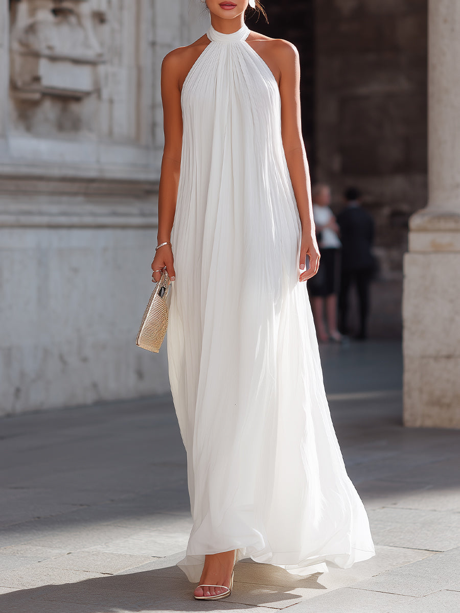 Isadora | Pleated Halter Neck Flowing White Maxi Dress