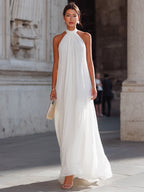 Isadora | Pleated Halter Neck Flowing White Maxi Dress