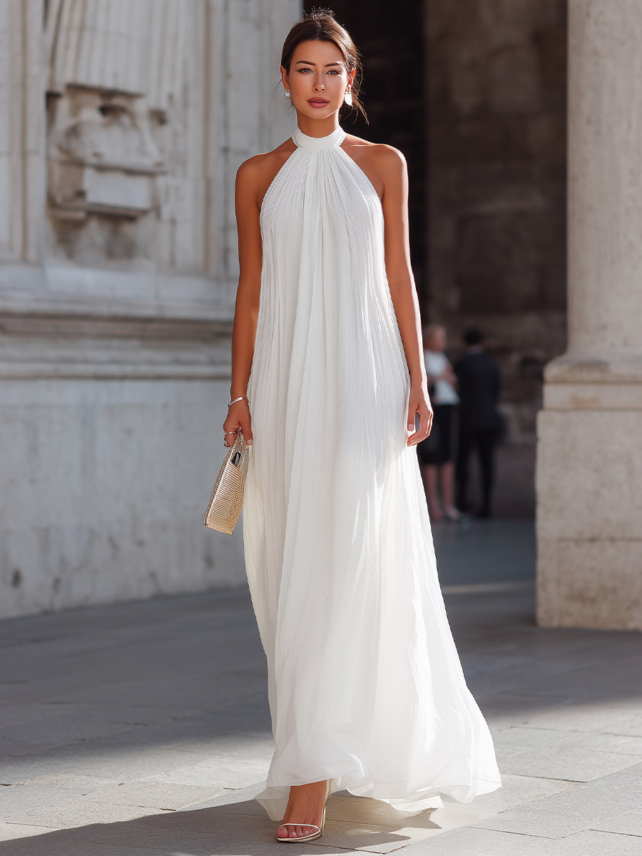 Isadora | Pleated Halter Neck Flowing White Maxi Dress