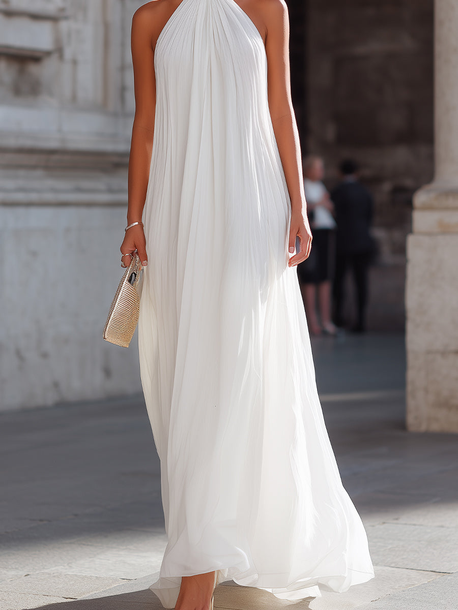 Isadora | Pleated Halter Neck Flowing White Maxi Dress