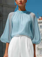 Ophelia | Ladies Pleated High Neck Blouse Sky Blue Workwear