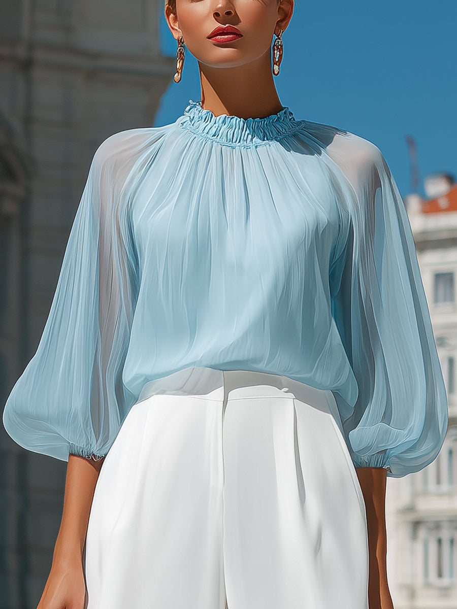 Ophelia | Ladies Pleated High Neck Blouse Sky Blue Workwear