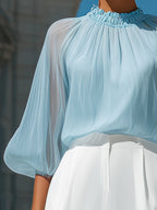Ophelia | Ladies Pleated High Neck Blouse Sky Blue Workwear