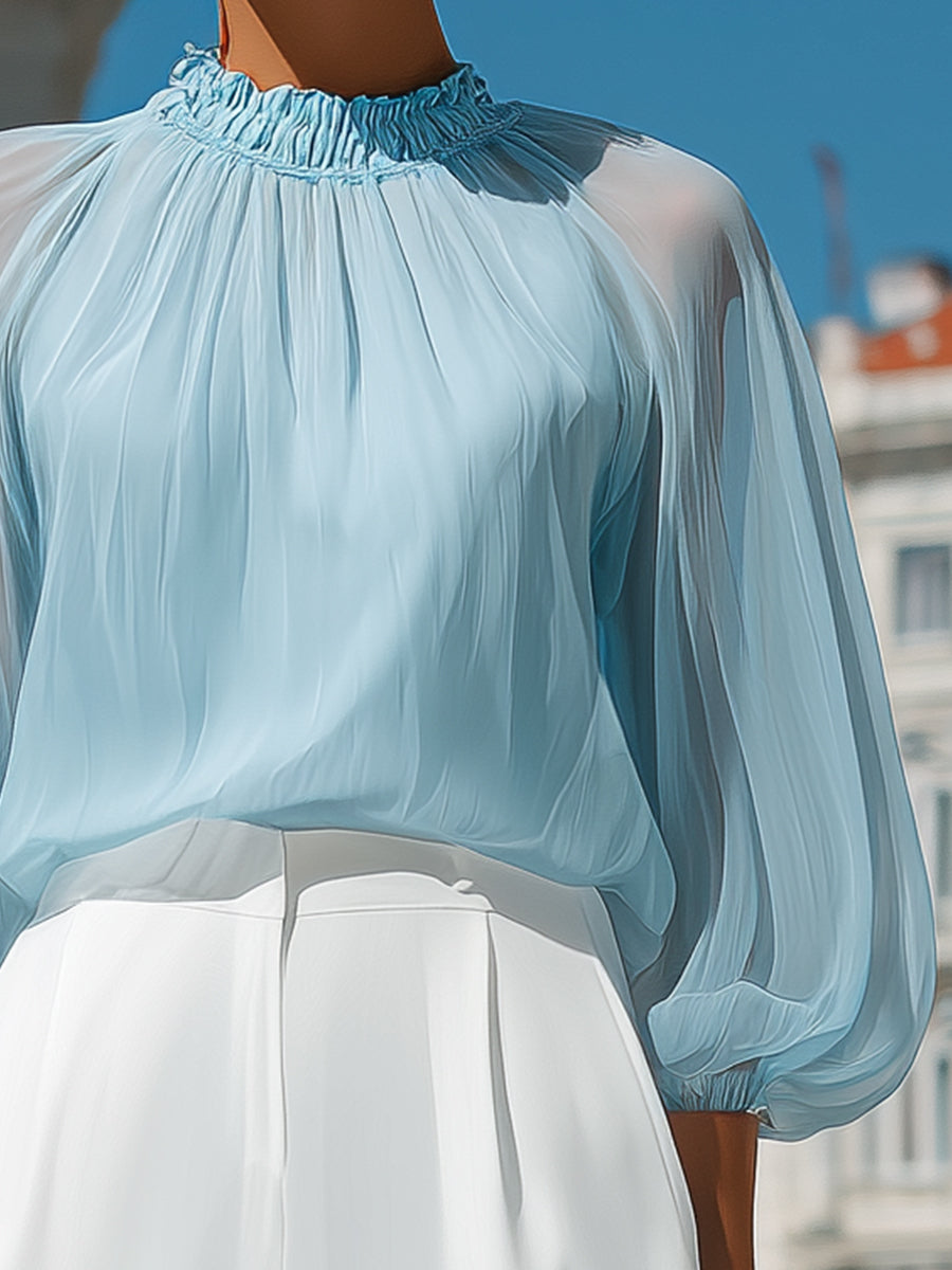 Ophelia | Ladies Pleated High Neck Blouse Sky Blue Workwear