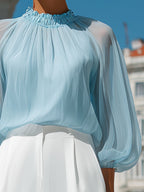 Ophelia | Ladies Pleated High Neck Blouse Sky Blue Workwear