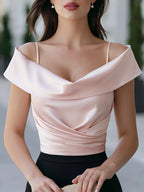 Floriane | Ladies Short Sleeve Blouse Draped Satin Evening Top