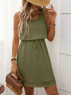 Liliana | Women's Waffle Knit Drawstring Mini Tank Dress — Moss