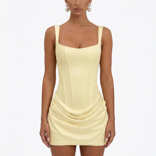 Bryony | Long Sleeve Satin Dress Square Neck Draped Mini