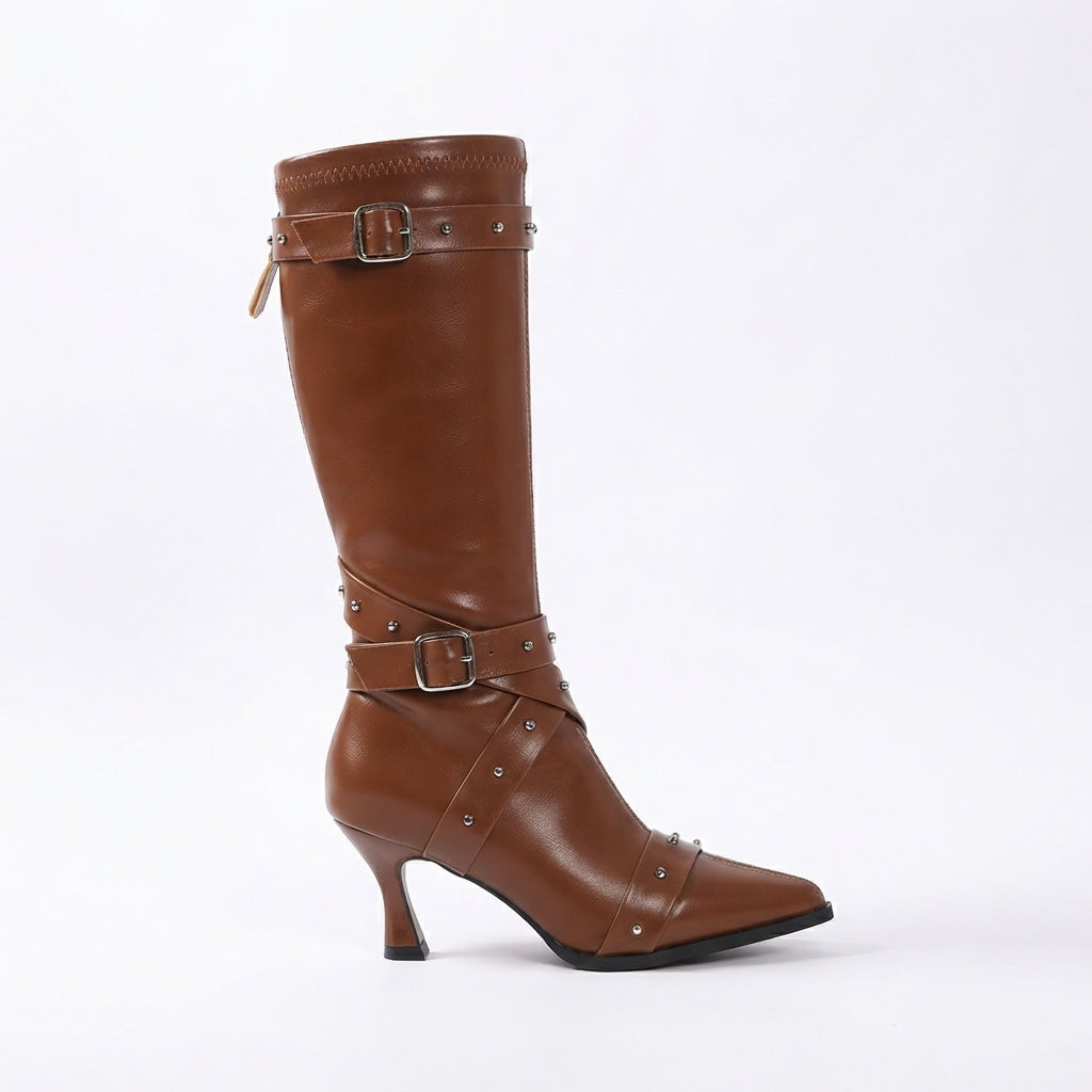 Arabella | Black Leather Knee High Heeled Block Heel Boots
