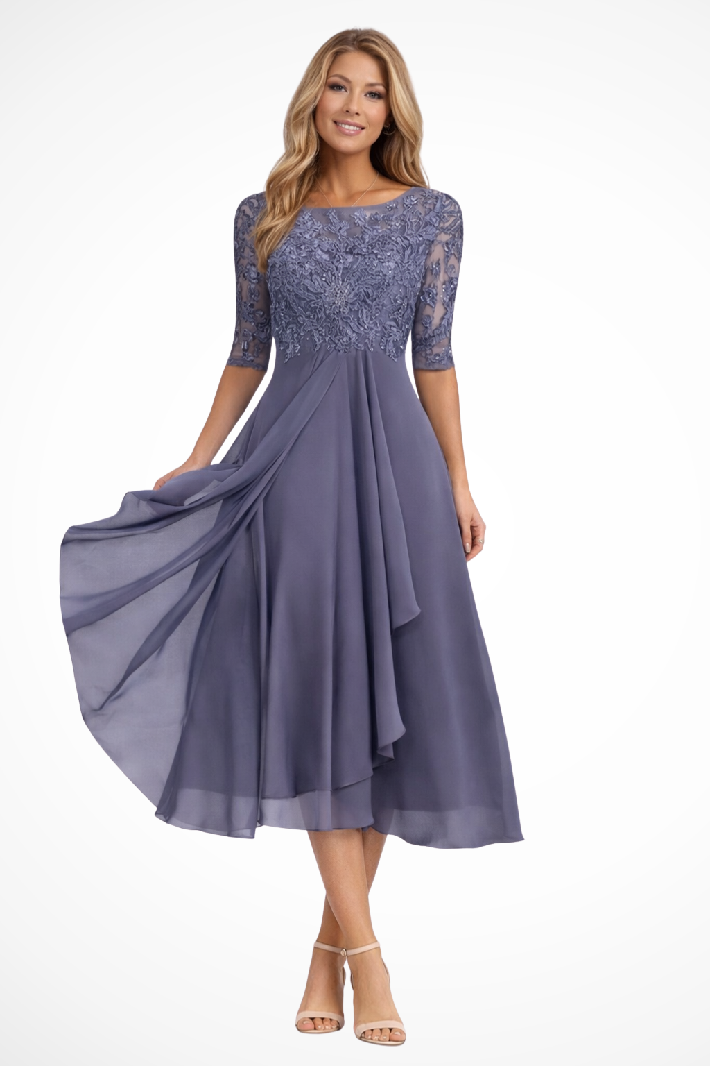 Edith | Women Long Sleeve Chiffon Midi Wedding Guest Dresses