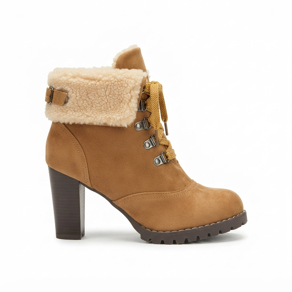 Rhoda | Black Chunky Heel Fur-Trimmed Lace-Up Ankle Boots