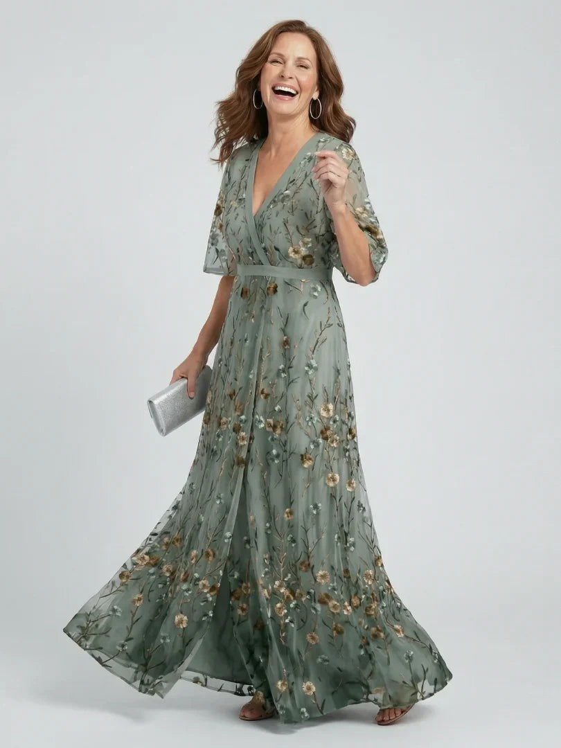 Bridget | Floral Embroidered Drop Waist Maxi Occasion Dress