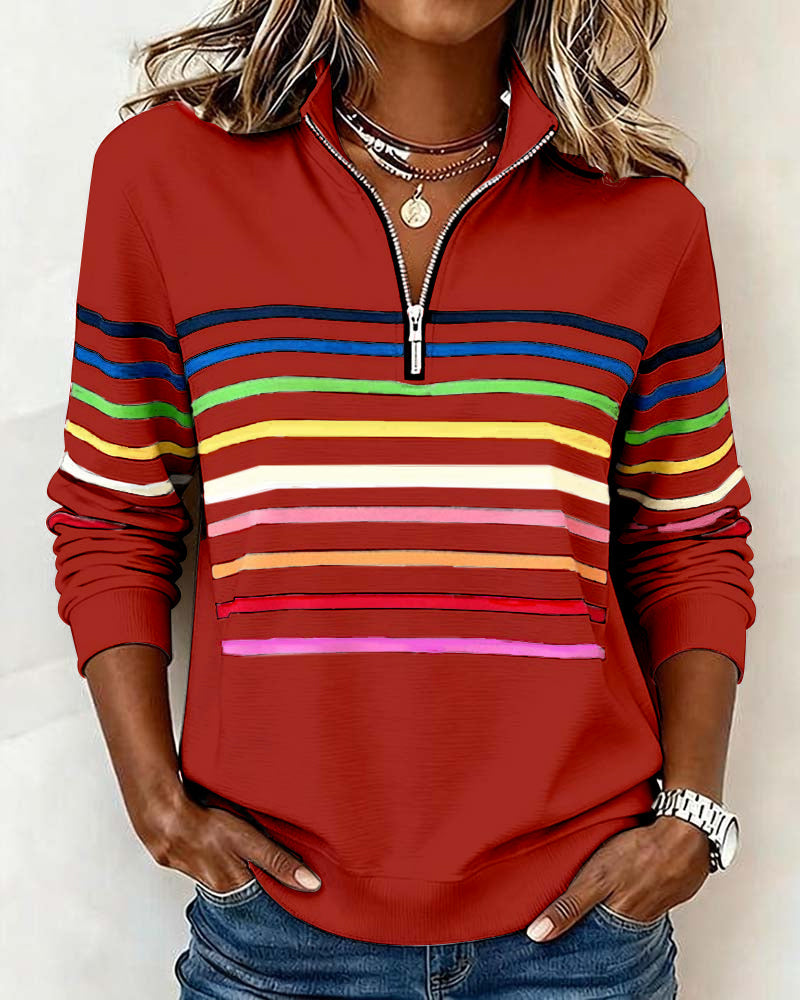 Apolline | Zip Up Sweatshirt No Hood Striped Sporty Casual