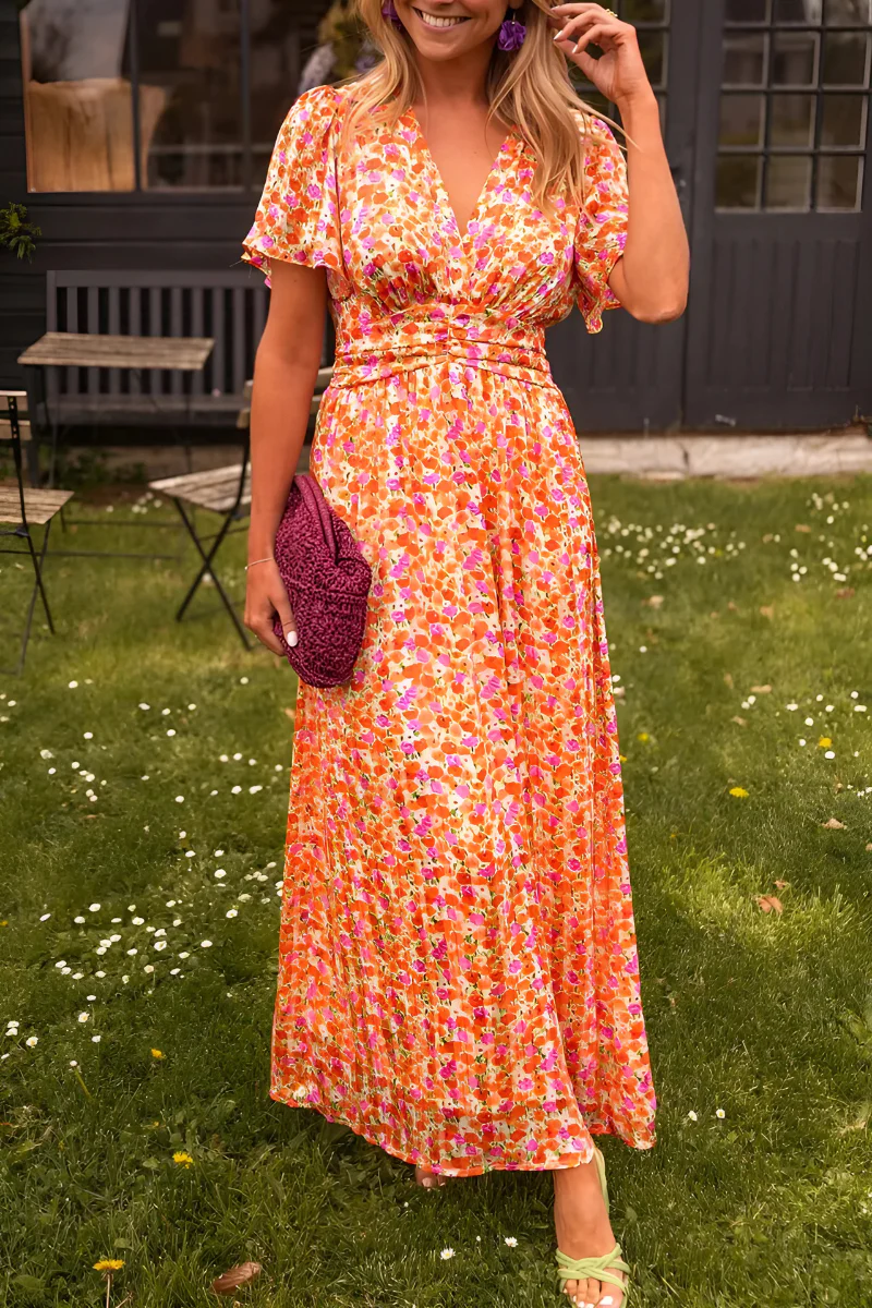 Francesca | V-Neck Flutter Sleeve Ruched Waist Floral Maxi Dress