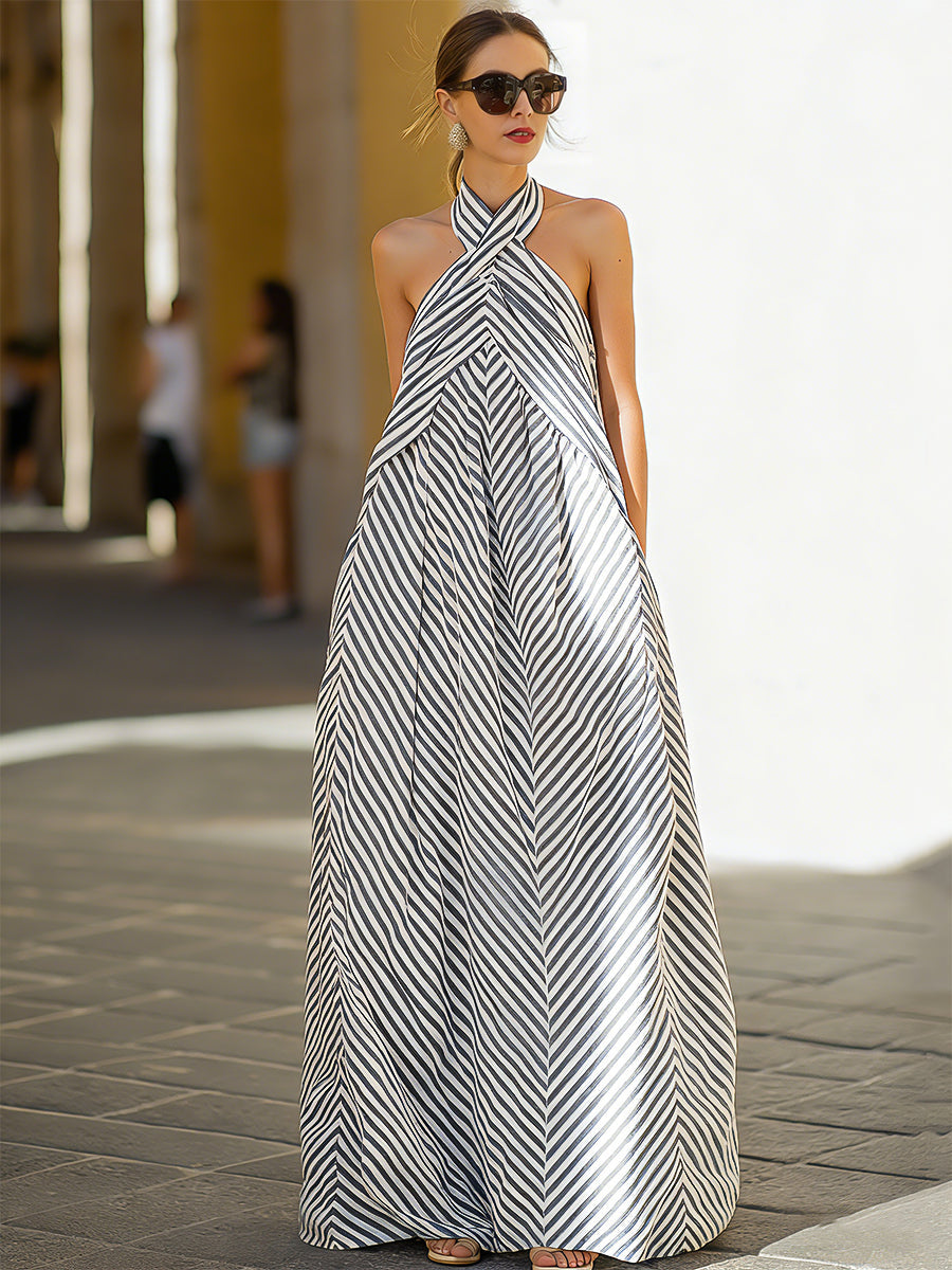 Verena | Halter Neck Striped Maxi Garden Party Dress