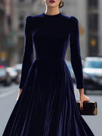 Albane | A-Line Long-Sleeve Velvet Midi Wedding Guest Dress