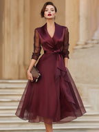 Honorine | Belted Tuxedo Wrap Evening Dress Burgundy Sheer Sleeves
