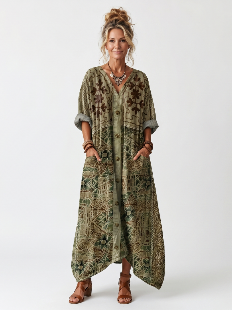 Rosalind | Boho Embroidered Pocket Midi Dress Green Relaxed