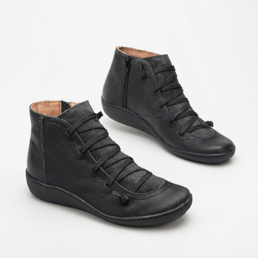 Isadora | Low Heeled Black Leather Ankle Boots