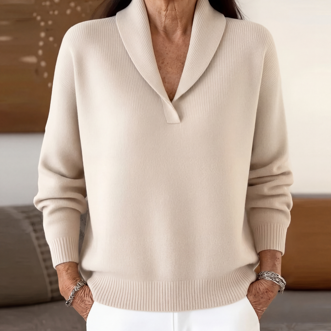 Ingrid | Cashmere Wool Blend V Neck Roll Edge Jumper — Cream