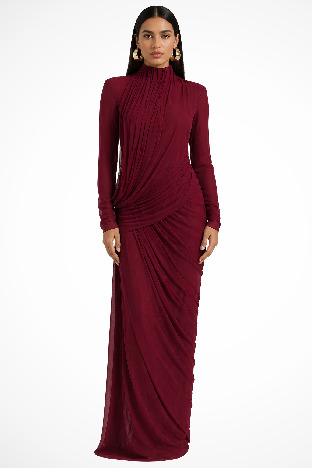 Holly | Long Sleeve Maxi Dress Wedding Guest Dresses Winter Occasion — Burgundy