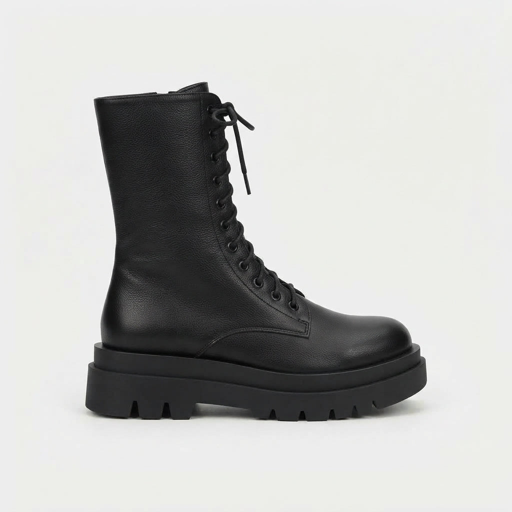 Delia | Black Leather Platform Chelsea Combat Boots — Black
