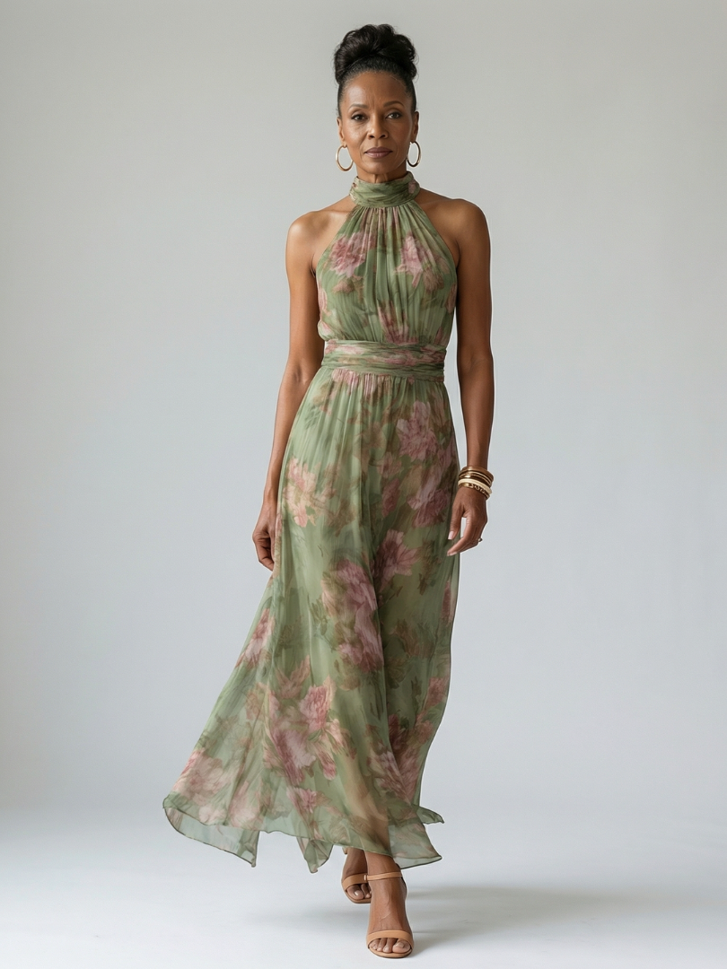 Helena | Halter Neck Floral Midi Dress Summer Garden Party