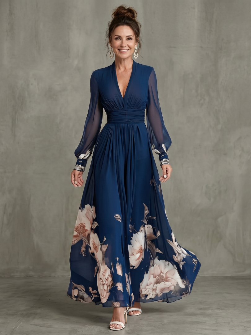 Honorine | Pleated Floral Sheer Sleeve Maxi Occasion Dress