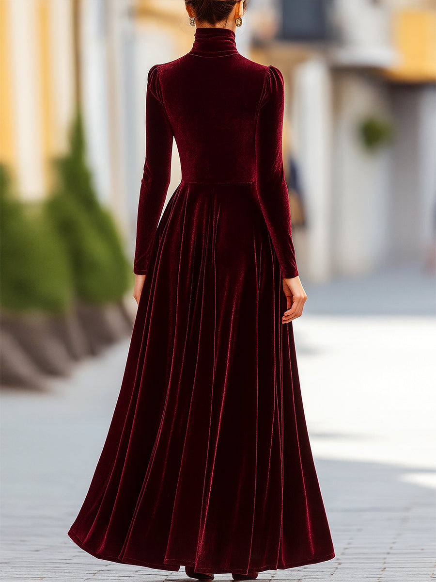 Sabine | Velvet Long Sleeve Pleated Evening Gown Maxi Dress