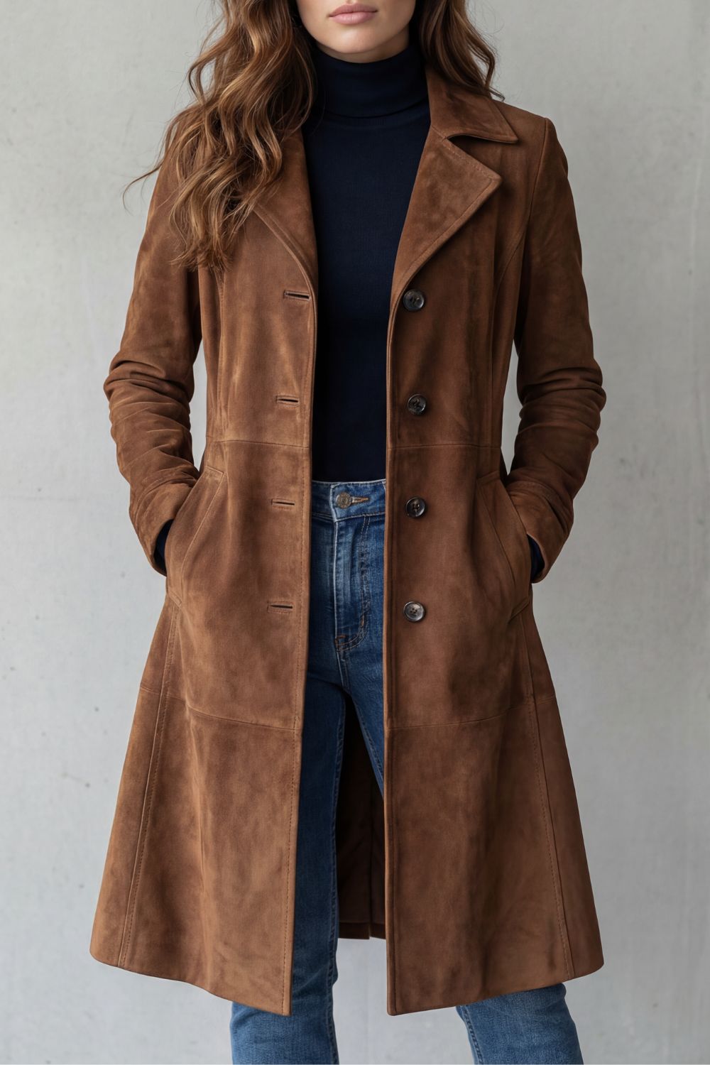 Solene | Womens Longline Coat Tailored Suede-Effect Winter — Brown