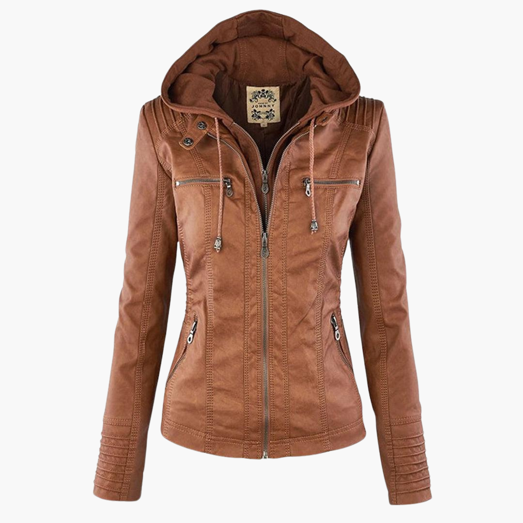 Seraphina | Black Faux Leather Jacket With Faux Fur Trim Detail — Khaki