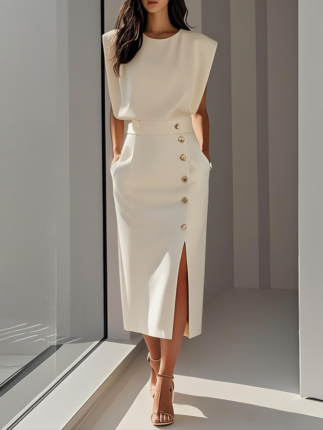 Capucine | Formal Midi Dress With Flowing Silhouette — White