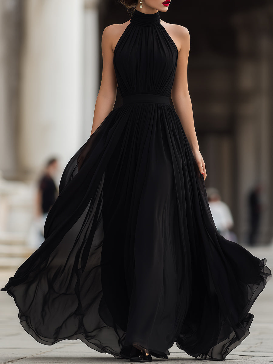 Evangeline | Halter Neck Pleated Chiffon Evening Maxi Dress
