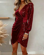 Apolline | Long Sleeve Sequin Velvet Mini Dress Green Silver White