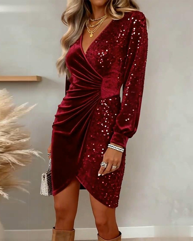 Apolline | Long Sleeve Sequin Velvet Mini Dress Green Silver White