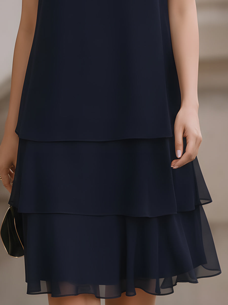 Eulalie | Sleeveless Tiered Pleated Chiffon Shift Cocktail Dress