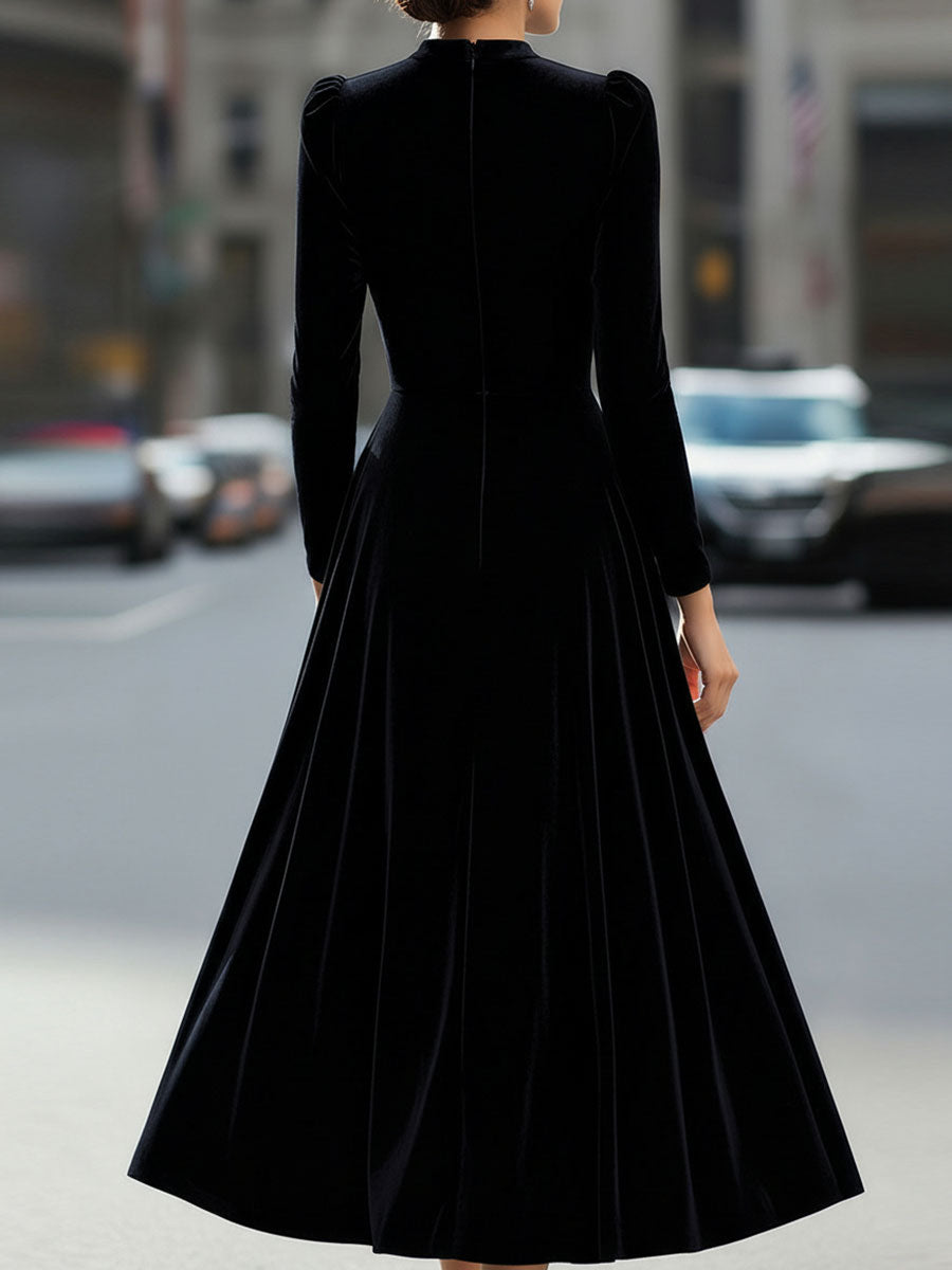 Albane | A-Line Long-Sleeve Velvet Midi Wedding Guest Dress