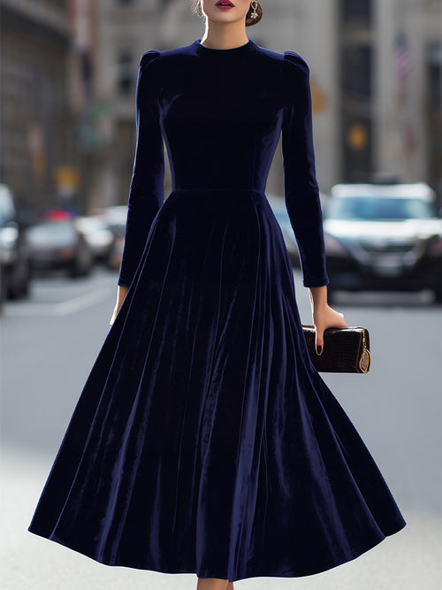 Albane | A-Line Long-Sleeve Velvet Midi Wedding Guest Dress