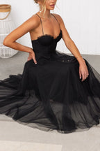 Lucinda | Black Corset Tulle Midi Dress For Weddings And Parties