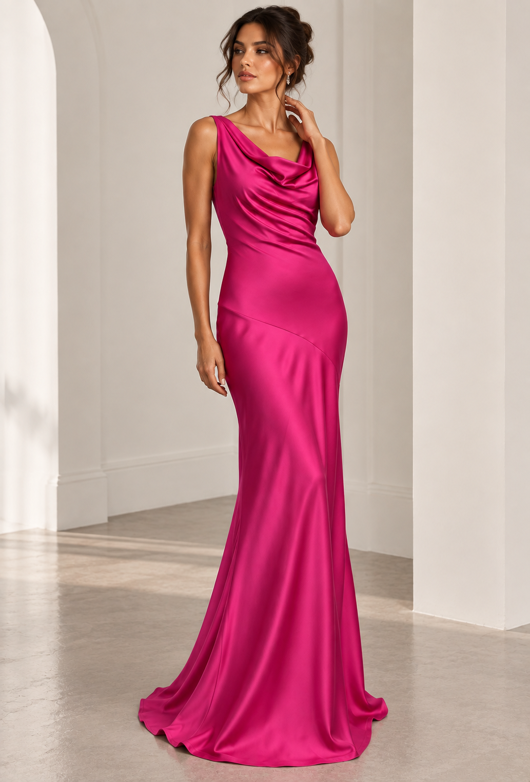 Anouk | Fuchsia Cowl Neck Satin Maxi Wedding Guest Dress