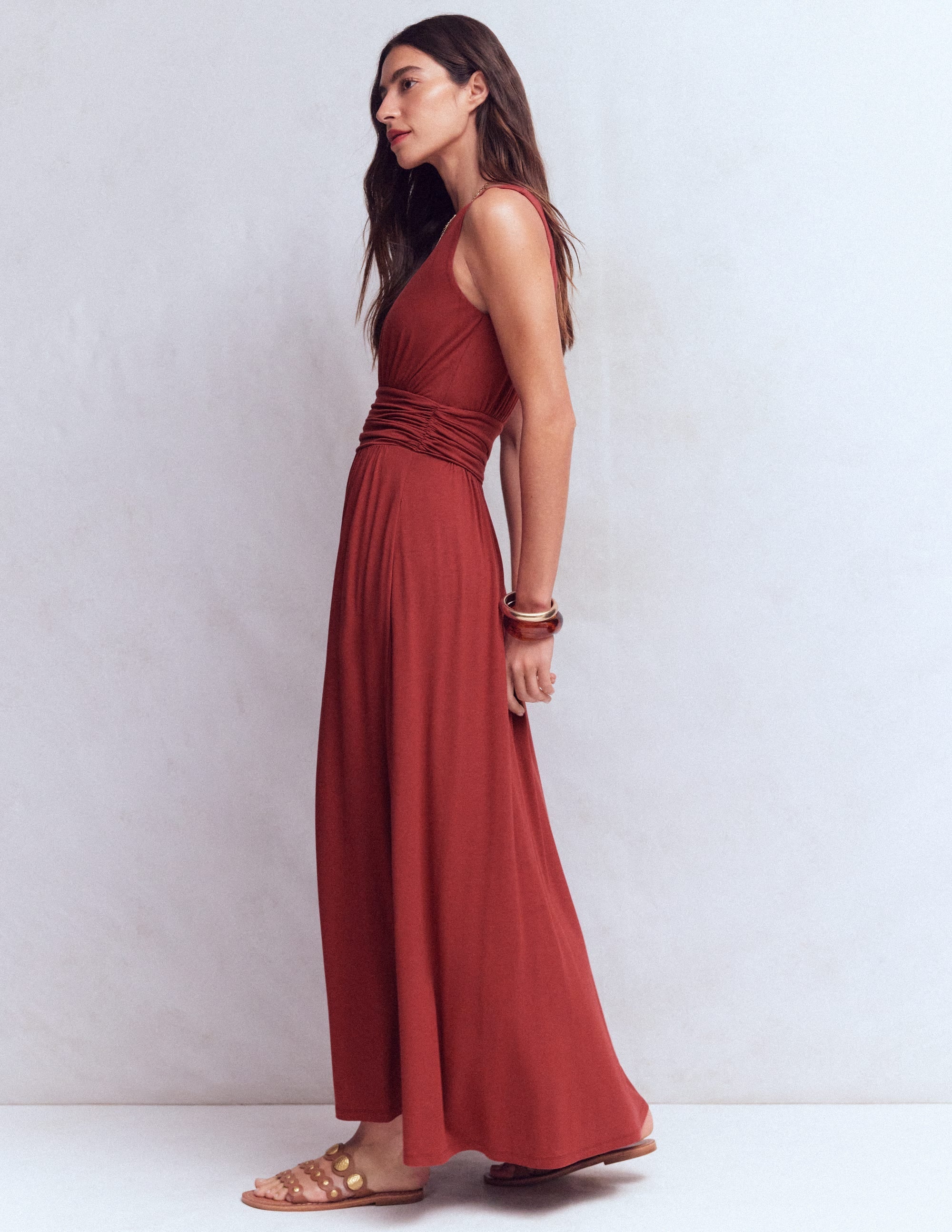 Felicity | Draped Babydoll Jersey Maxi Dress Rich Chestnut
