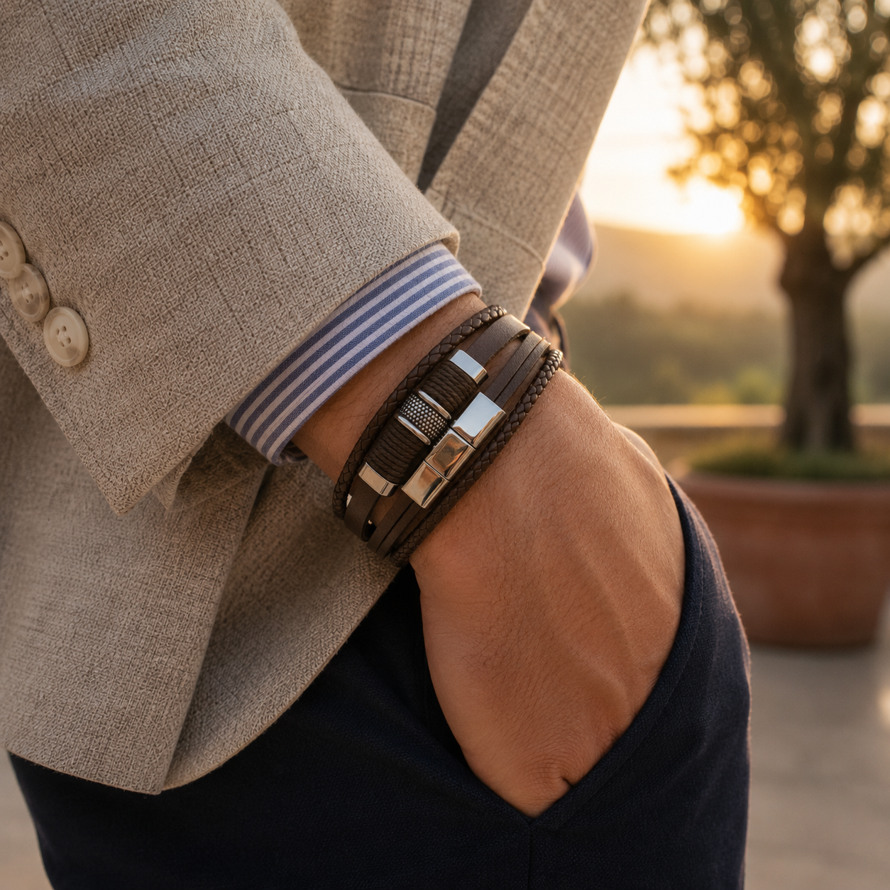 Sterling | Mens Bracelet Leather Wrap Stainless Steel Casual