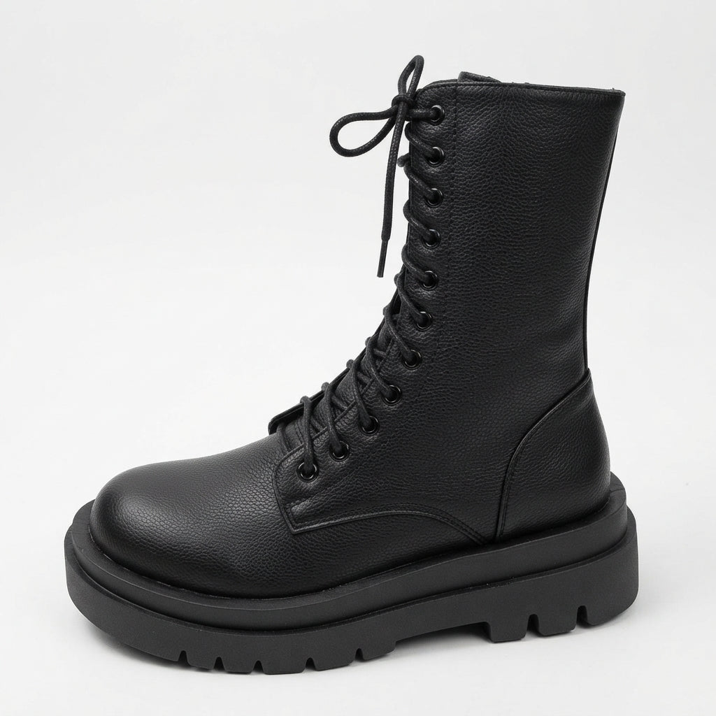 Delia | Black Leather Platform Chelsea Combat Boots