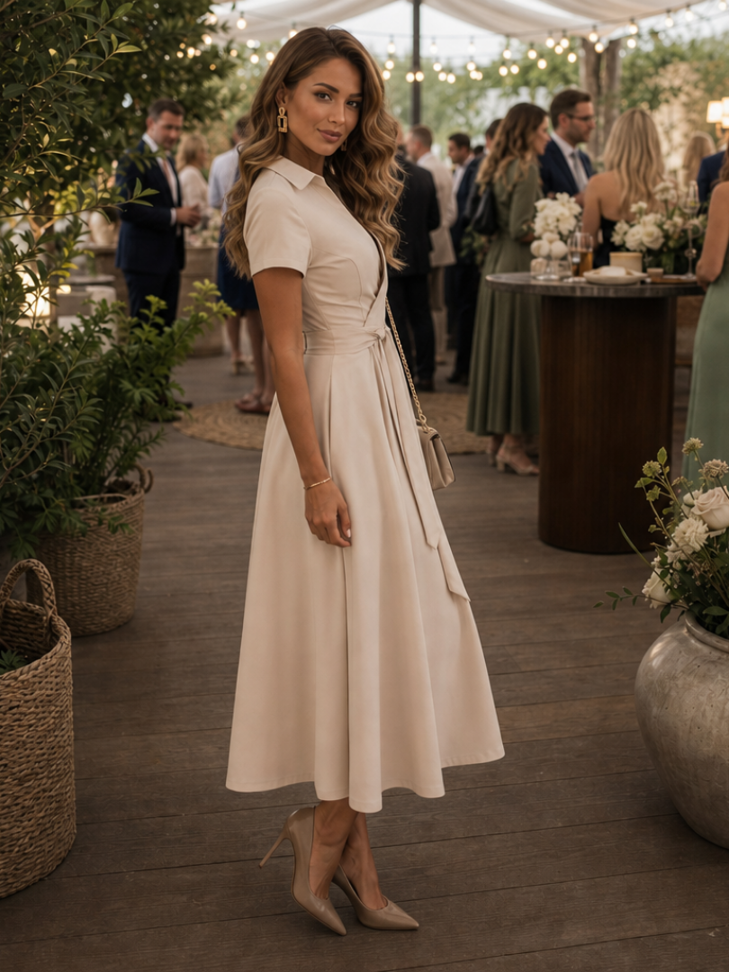 Dominique | Short Sleeve Collared Wrap Waist Midi Dress