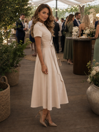 Dominique | Short Sleeve Collared Wrap Waist Midi Dress