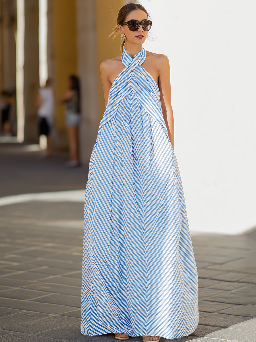 Verena | Halter Neck Striped Maxi Garden Party Dress