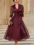 Honorine | Belted Tuxedo Wrap Evening Dress Burgundy Sheer Sleeves